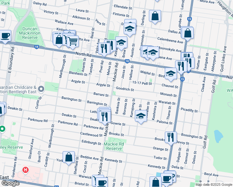 map of restaurants, bars, coffee shops, grocery stores, and more near 1 Waratah Street in Bentleigh East