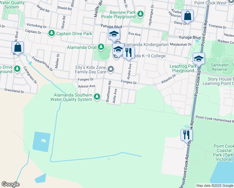 map of restaurants, bars, coffee shops, grocery stores, and more near 9 Airlie Avenue in Point Cook