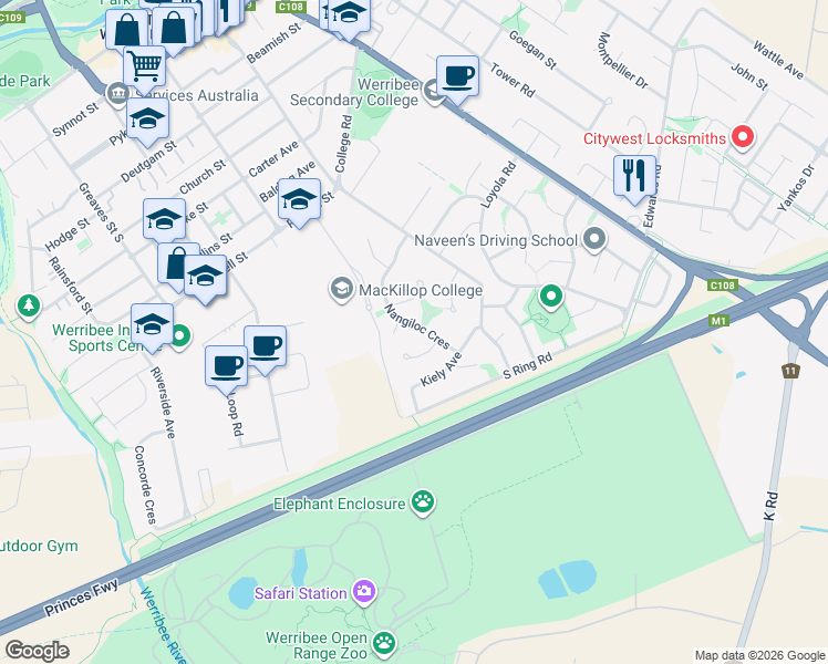 map of restaurants, bars, coffee shops, grocery stores, and more near 44 Nangiloc Crescent in Werribee