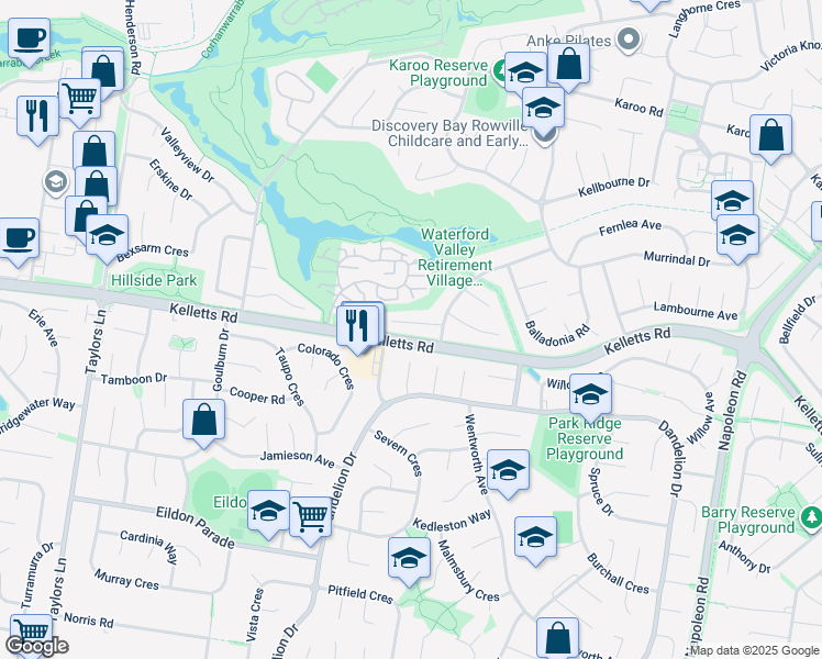 map of restaurants, bars, coffee shops, grocery stores, and more near 6 Arnhem Court in Rowville