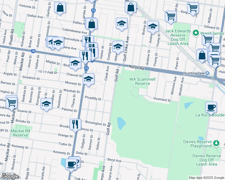 map of restaurants, bars, coffee shops, grocery stores, and more near 35 Golf Road in Oakleigh South