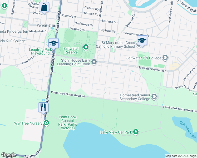 map of restaurants, bars, coffee shops, grocery stores, and more near 28 Florentino Parade in Point Cook