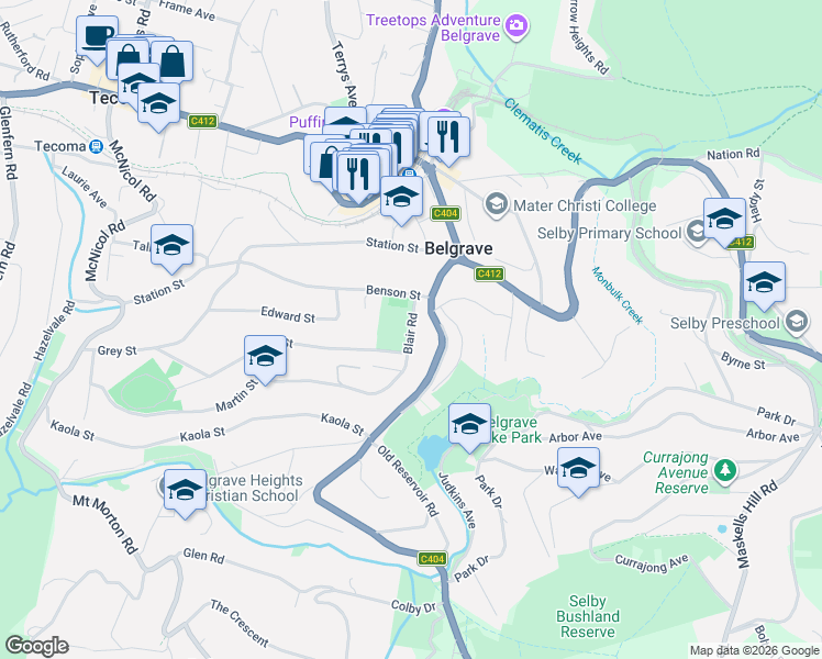 map of restaurants, bars, coffee shops, grocery stores, and more near Blair Road in Belgrave