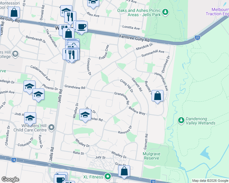 map of restaurants, bars, coffee shops, grocery stores, and more near 53 Grandview Road in Wheelers Hill