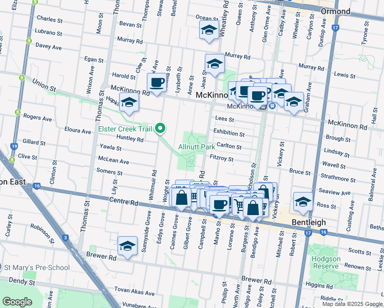 map of restaurants, bars, coffee shops, grocery stores, and more near 33 Wheatley Road in McKinnon