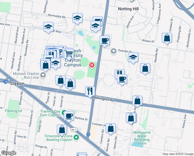 map of restaurants, bars, coffee shops, grocery stores, and more near Wellington Road in Clayton