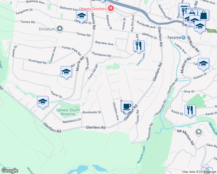 map of restaurants, bars, coffee shops, grocery stores, and more near 43 Glenfern Avenue in Upwey