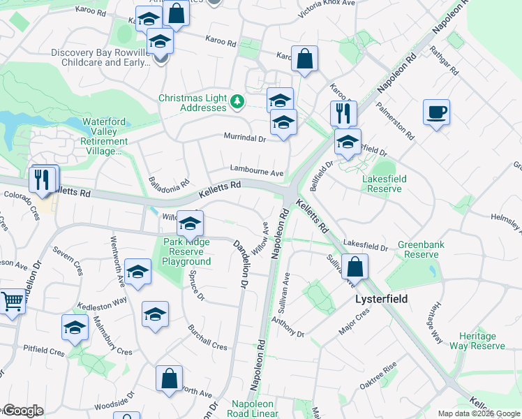 map of restaurants, bars, coffee shops, grocery stores, and more near 32 Willow Avenue in Rowville