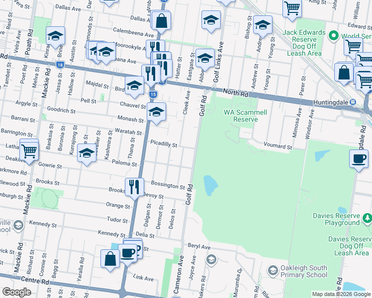 map of restaurants, bars, coffee shops, grocery stores, and more near 2 Taunton Avenue in Oakleigh South