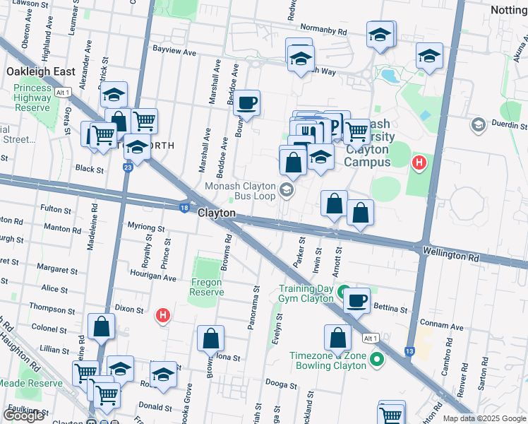 map of restaurants, bars, coffee shops, grocery stores, and more near Blackburn Road in Clayton