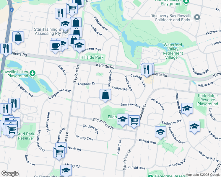 map of restaurants, bars, coffee shops, grocery stores, and more near 52 Goulburn Drive in Rowville