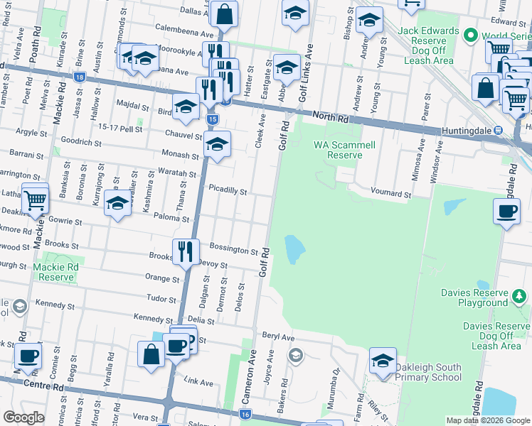 map of restaurants, bars, coffee shops, grocery stores, and more near 57 Golf Road in Oakleigh South