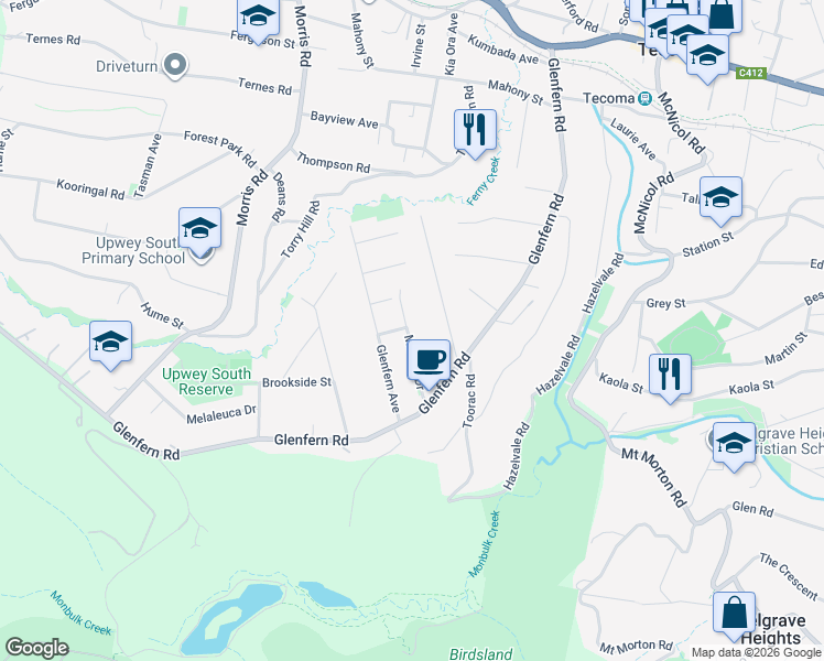 map of restaurants, bars, coffee shops, grocery stores, and more near 30 Matson Drive in Upwey
