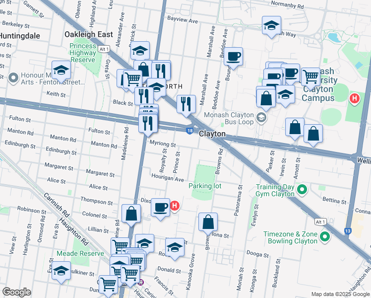 map of restaurants, bars, coffee shops, grocery stores, and more near 20 Myriong Street in Clayton