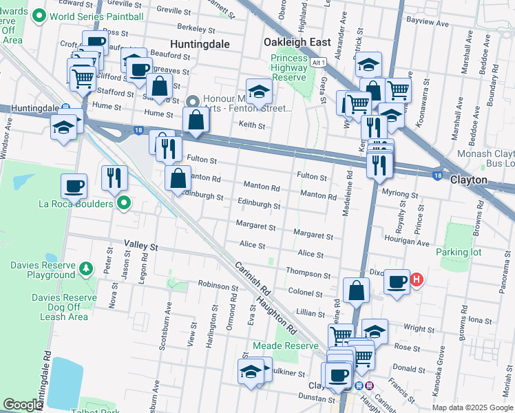 map of restaurants, bars, coffee shops, grocery stores, and more near 36 Edinburgh Street in Clayton
