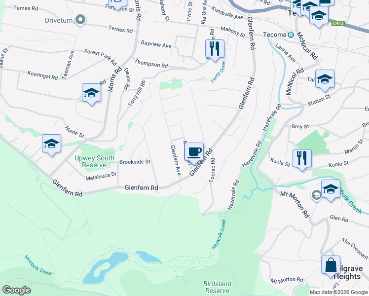 map of restaurants, bars, coffee shops, grocery stores, and more near 25 Matson Drive in Upwey