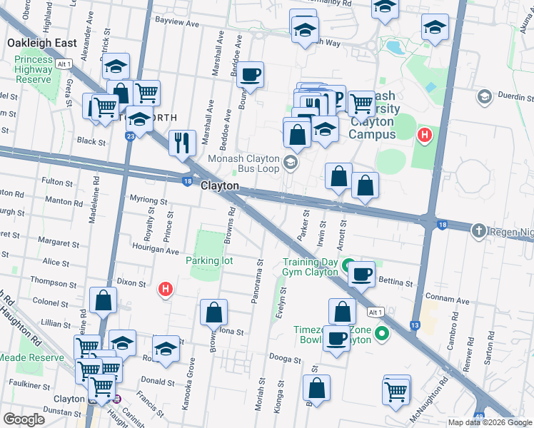 map of restaurants, bars, coffee shops, grocery stores, and more near 1987 Dandenong Road in Clayton