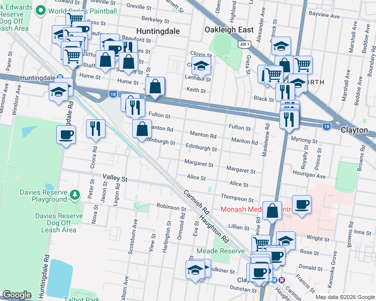 map of restaurants, bars, coffee shops, grocery stores, and more near 26 Edinburgh Street in Clayton