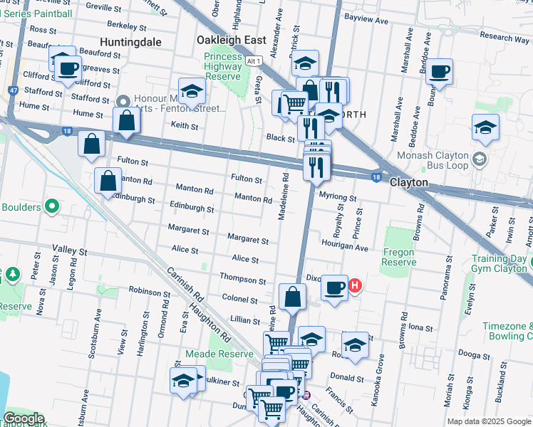 map of restaurants, bars, coffee shops, grocery stores, and more near 24 Banksia Street in Clayton