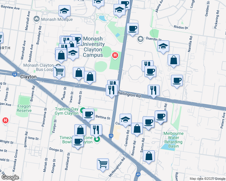 map of restaurants, bars, coffee shops, grocery stores, and more near Wellington Road in Clayton