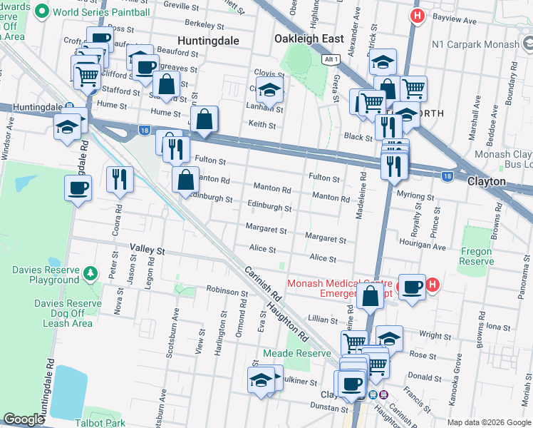 map of restaurants, bars, coffee shops, grocery stores, and more near 36 Edinburgh Street in Clayton