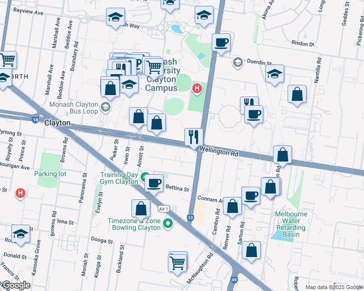 map of restaurants, bars, coffee shops, grocery stores, and more near Wellington Road in Clayton