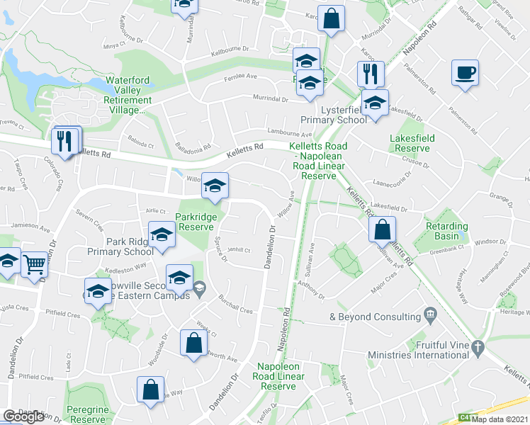 map of restaurants, bars, coffee shops, grocery stores, and more near 1 Melaleuca Court in Rowville