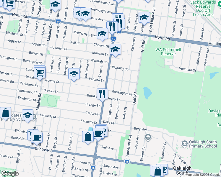 map of restaurants, bars, coffee shops, grocery stores, and more near 33 Selworthy Avenue in Oakleigh South