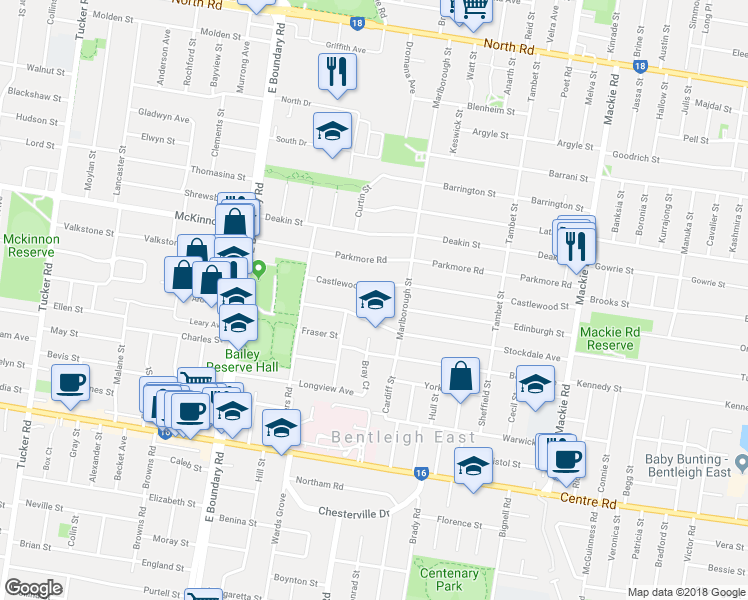 map of restaurants, bars, coffee shops, grocery stores, and more near 3 Simmonds Court in Bentleigh East