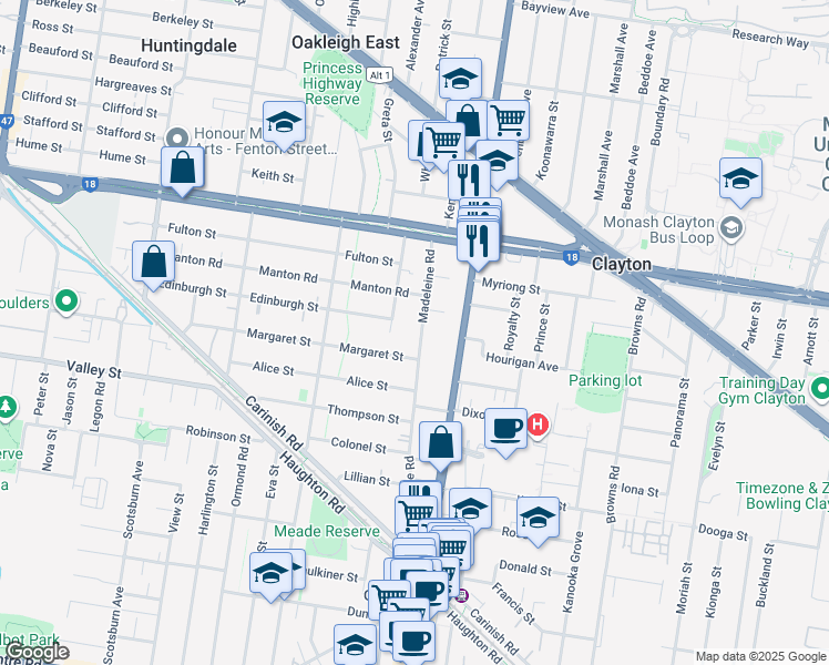map of restaurants, bars, coffee shops, grocery stores, and more near 29 Madeleine Road in Clayton