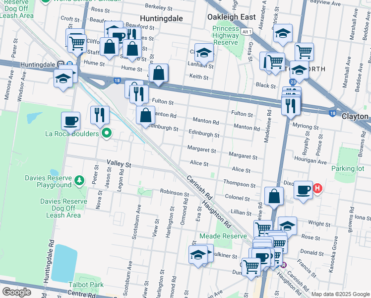 map of restaurants, bars, coffee shops, grocery stores, and more near 14 Margaret Street in Clayton