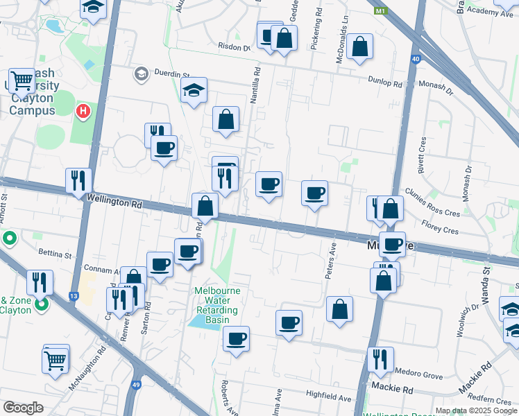 map of restaurants, bars, coffee shops, grocery stores, and more near 211 Wellington Road in Mulgrave