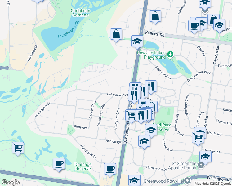 map of restaurants, bars, coffee shops, grocery stores, and more near 18 Lakeview Avenue in Rowville