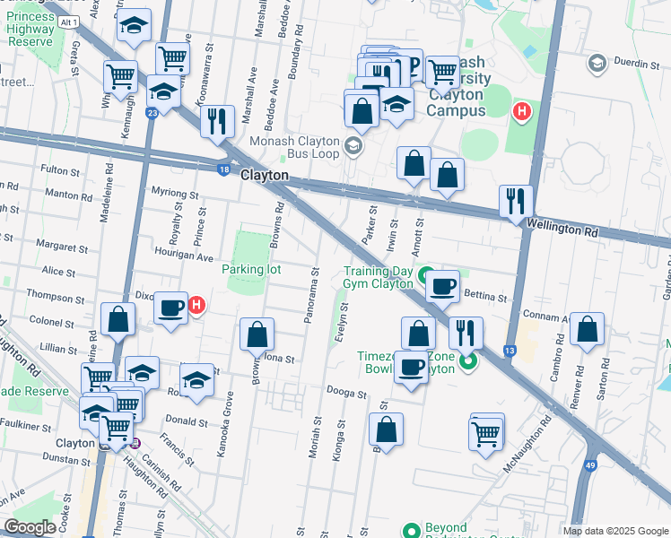 map of restaurants, bars, coffee shops, grocery stores, and more near 2 Howard Court in Clayton