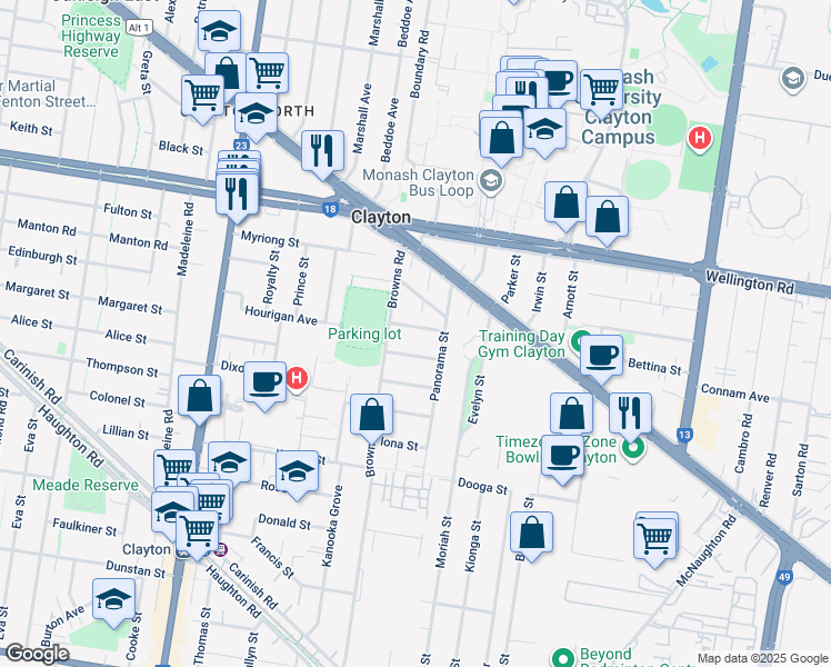 map of restaurants, bars, coffee shops, grocery stores, and more near 10 Atlantic Street in Clayton