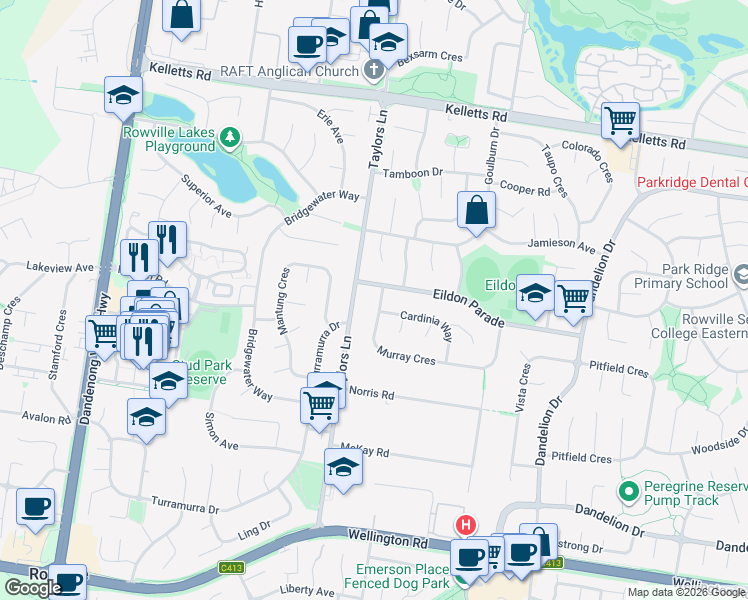 map of restaurants, bars, coffee shops, grocery stores, and more near 4 Murray Crescent in Rowville