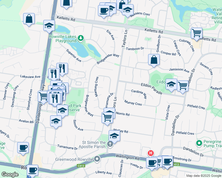 map of restaurants, bars, coffee shops, grocery stores, and more near 2 Mantung Crescent in Rowville
