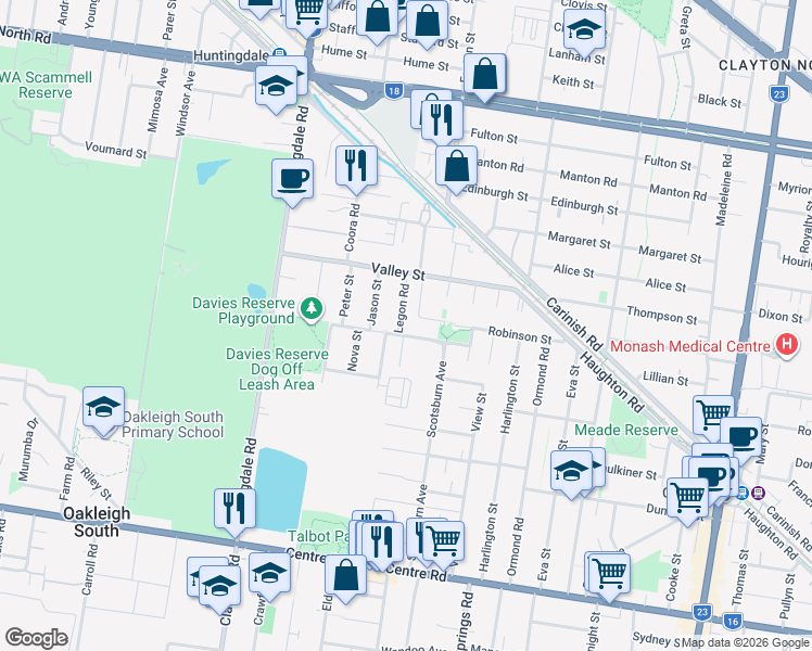 map of restaurants, bars, coffee shops, grocery stores, and more near 18 Legon Road in Oakleigh South