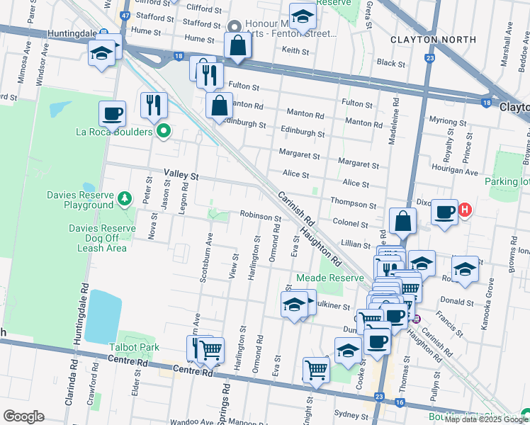 map of restaurants, bars, coffee shops, grocery stores, and more near 33 Robinson Street in Clayton