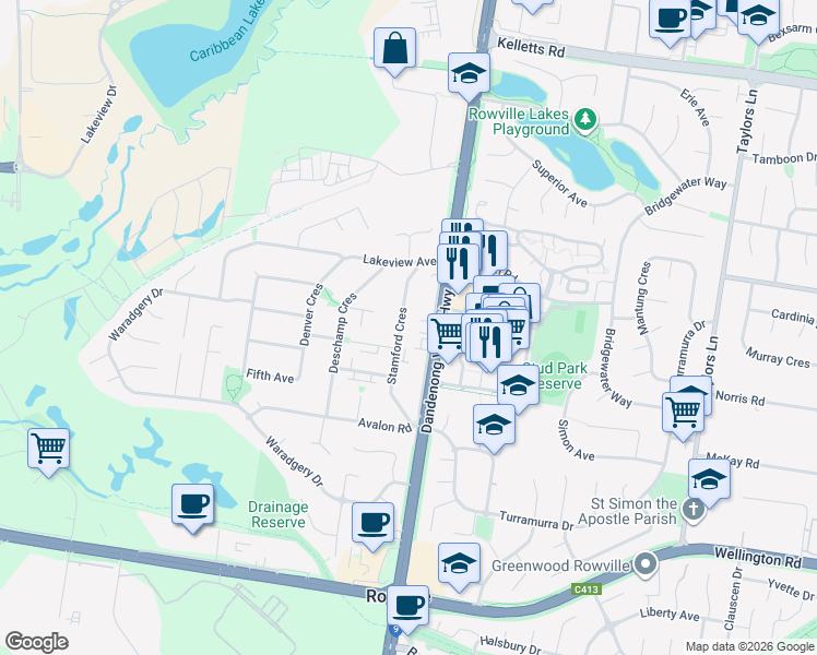 map of restaurants, bars, coffee shops, grocery stores, and more near 19 Stamford Crescent in Rowville