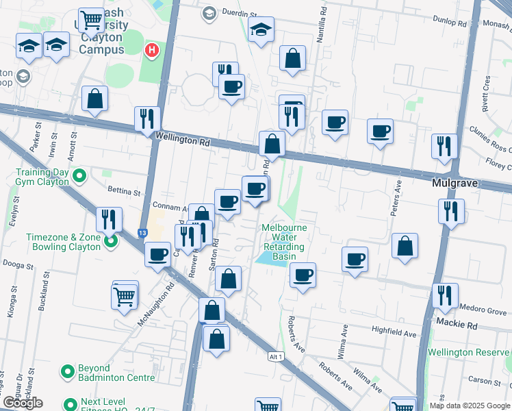 map of restaurants, bars, coffee shops, grocery stores, and more near Mulgrave Court in Clayton