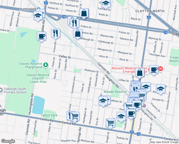 map of restaurants, bars, coffee shops, grocery stores, and more near 4 Robinson Street in Clayton