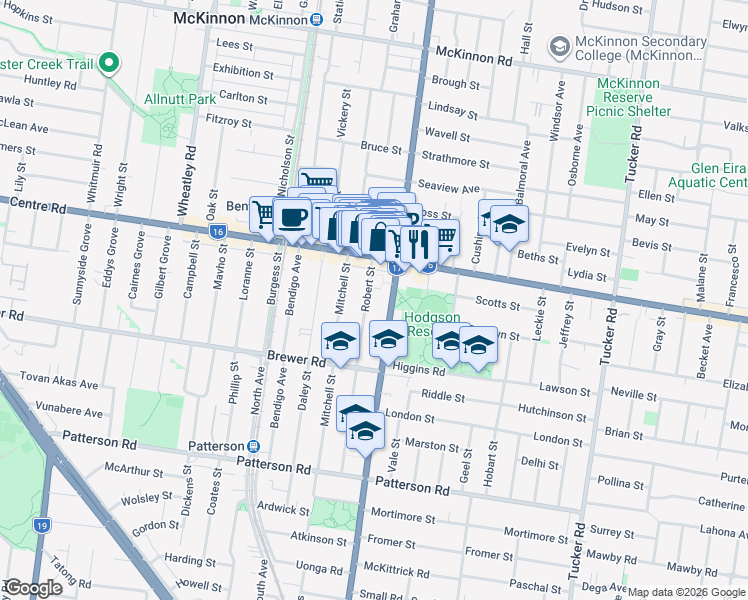 map of restaurants, bars, coffee shops, grocery stores, and more near 76 Robert Street in Bentleigh