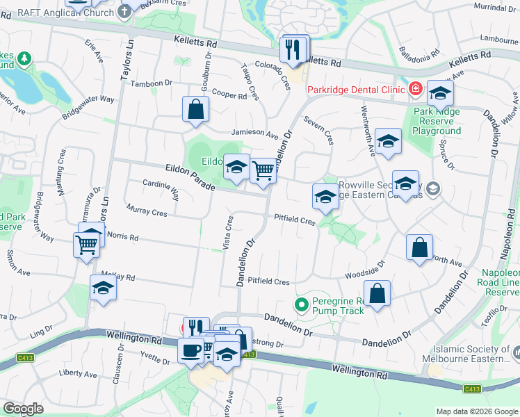 map of restaurants, bars, coffee shops, grocery stores, and more near 4 Vista Crescent in Rowville