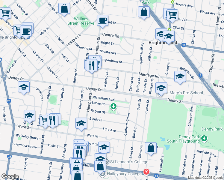 map of restaurants, bars, coffee shops, grocery stores, and more near 136 Dendy Street in Brighton East