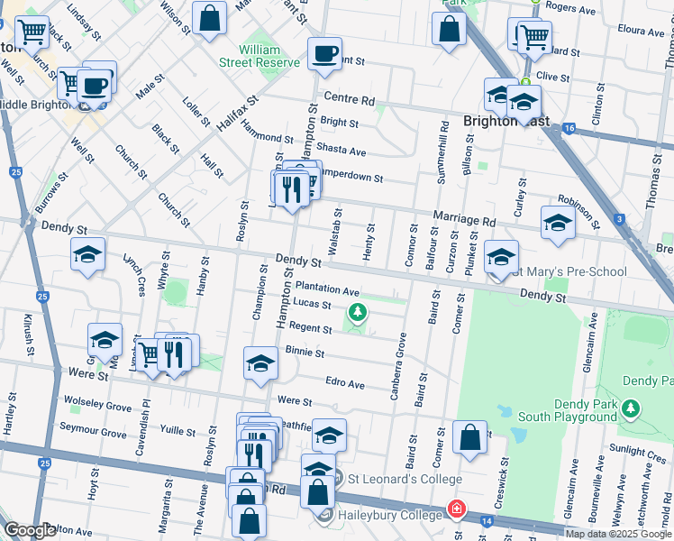 map of restaurants, bars, coffee shops, grocery stores, and more near 136 Dendy Street in Brighton East