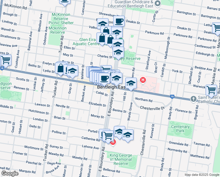 map of restaurants, bars, coffee shops, grocery stores, and more near 730 Centre Road in Bentleigh East