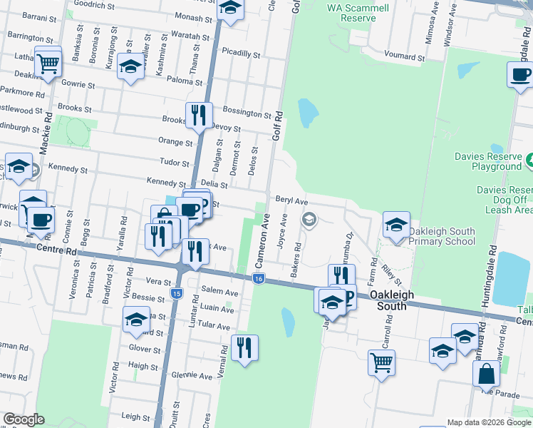 map of restaurants, bars, coffee shops, grocery stores, and more near Cameron Avenue in Oakleigh South