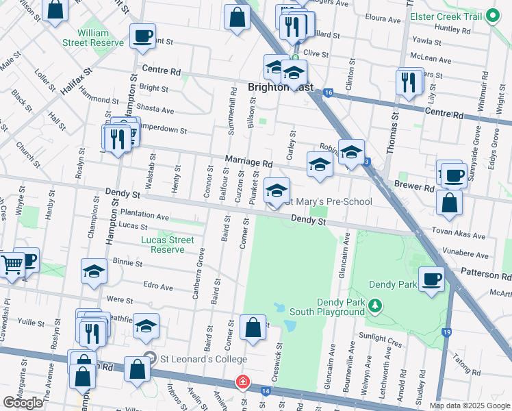 map of restaurants, bars, coffee shops, grocery stores, and more near 2 Plunket Street in Brighton East