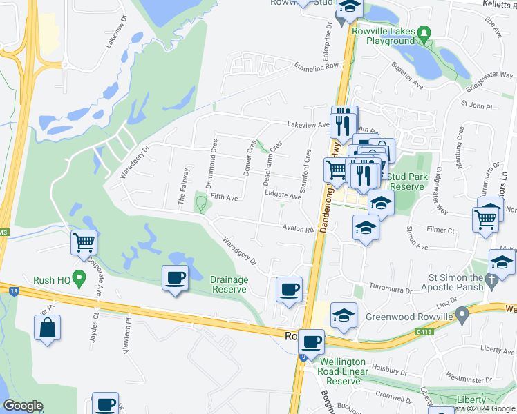 map of restaurants, bars, coffee shops, grocery stores, and more near 48 Deschamp Crescent in Rowville